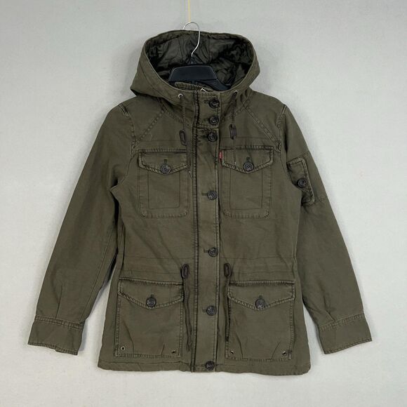 Levis Jacket Women Small Green Field Utility Military Quilted Parka Cargo Winter - Picture 1 of 16